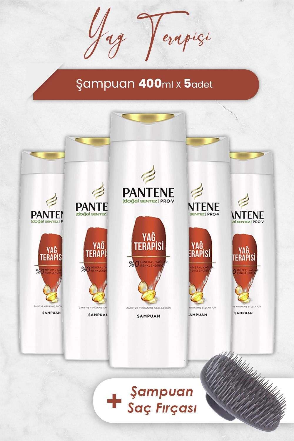 Pantene Pro-V Yağ Terapisi Şampuanı Zayıf Ve Yıpranmış Saçlar 400 ML x 5 Adet ve Şampuan Fırçası