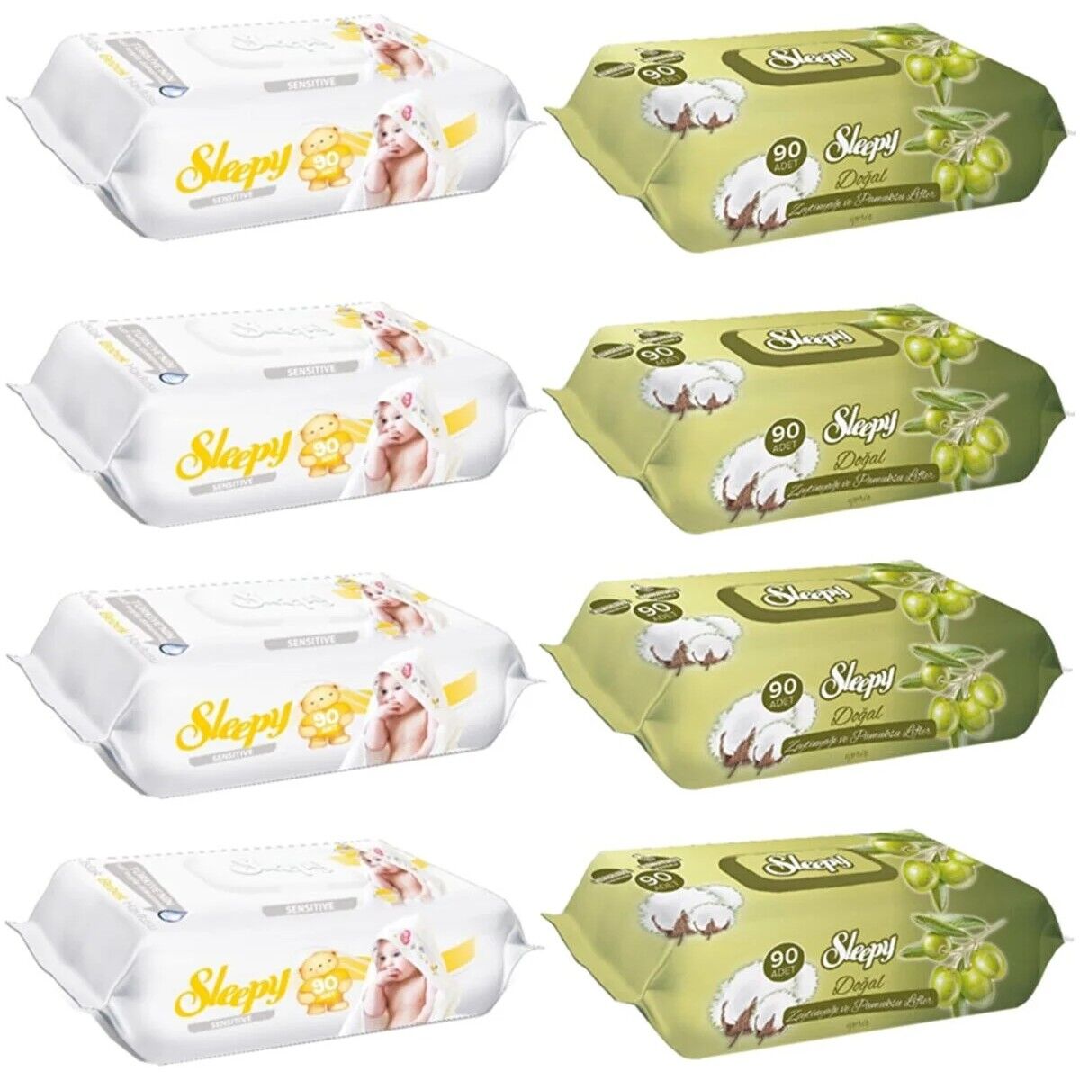 Sleepy Sensitive Islak Havlu 90'lı 4 Adet + Zeytinyağlı 90'lı 4 Adet