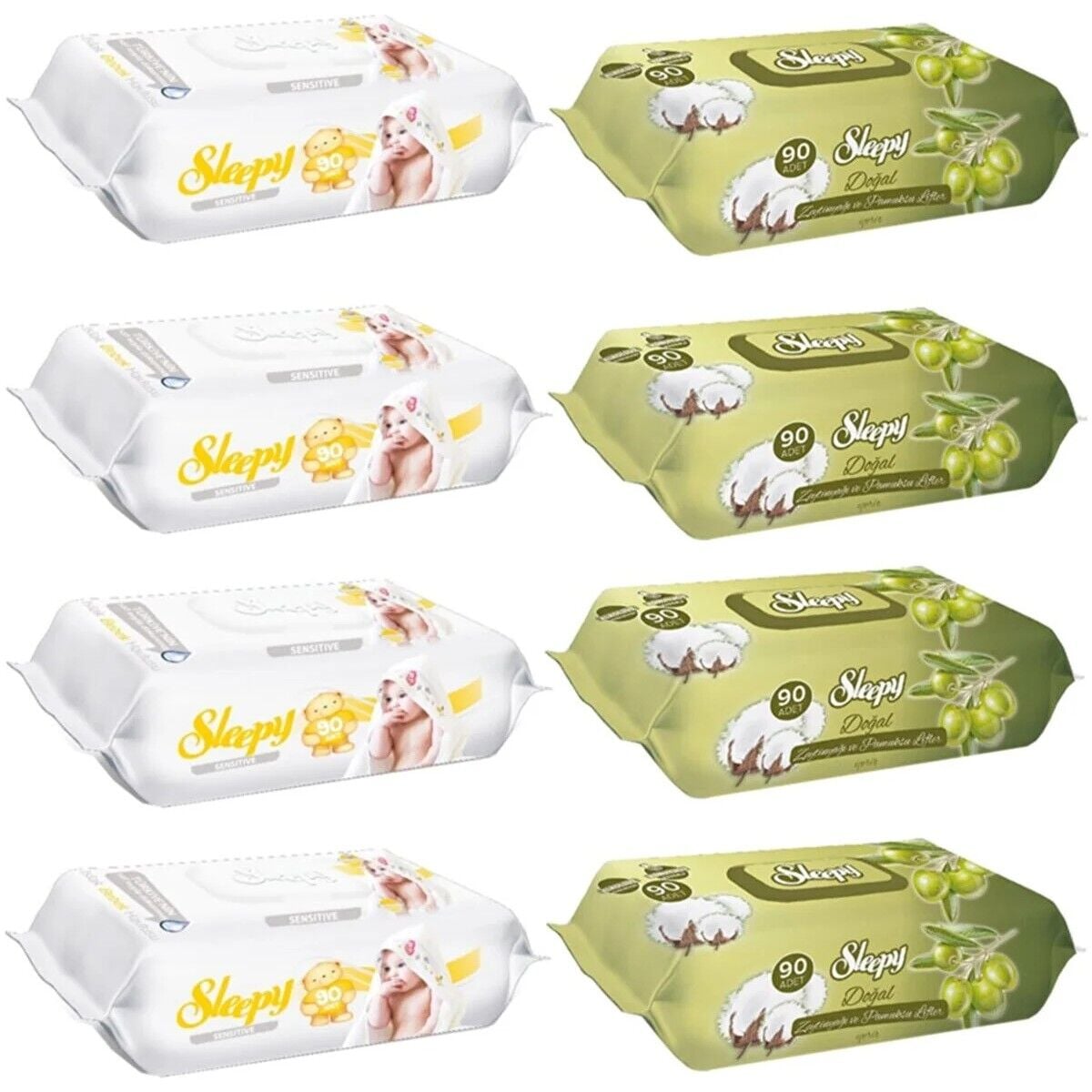 Sleepy Sensitive Islak Havlu 90'lı 4 Adet + Zeytinyağlı 90'lı 4 Adet
