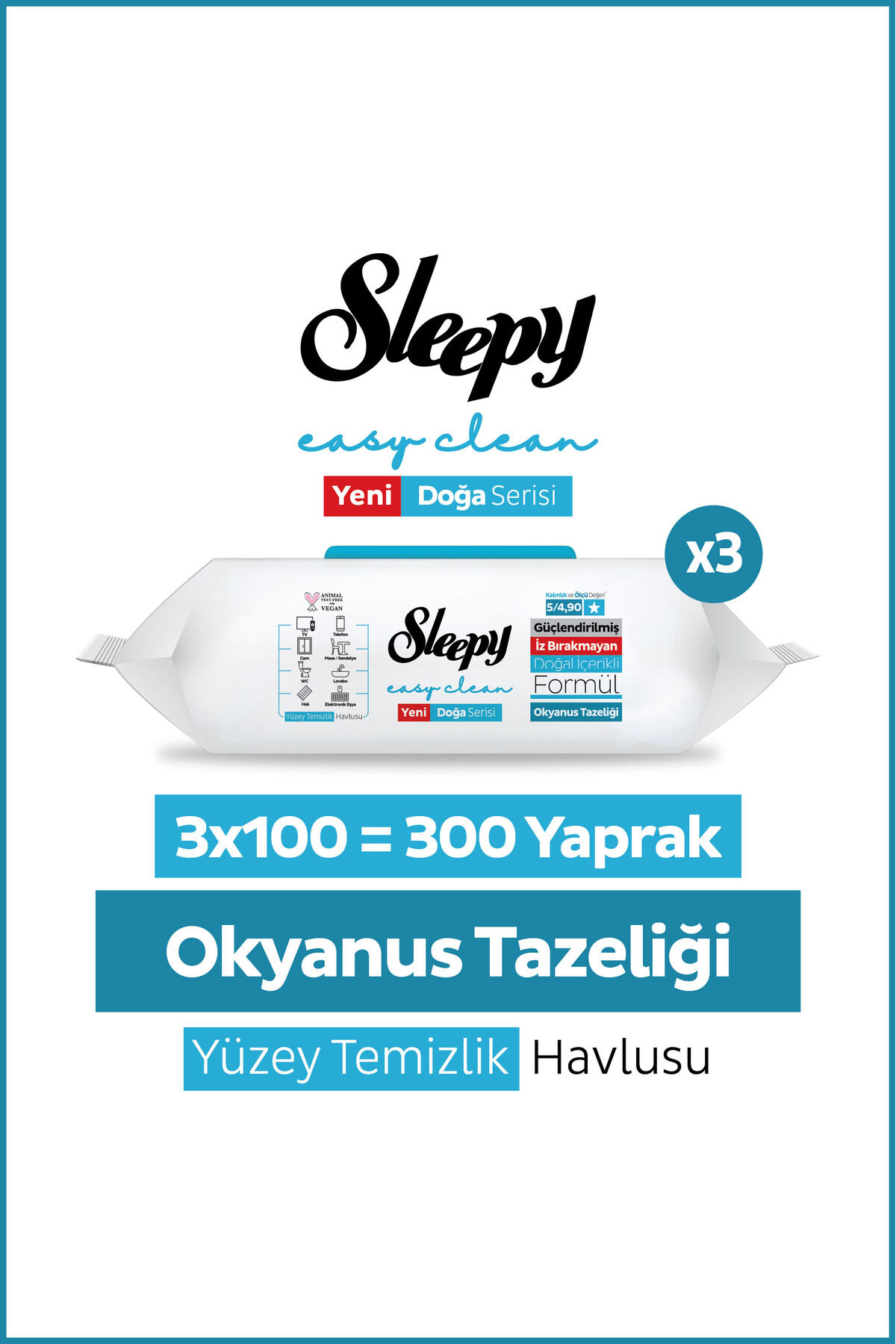 Sleepy Ocean Yüzey Temizlik Havlusu Mendili Okyanus Tazeliği 3x100 (300 Yaprak)