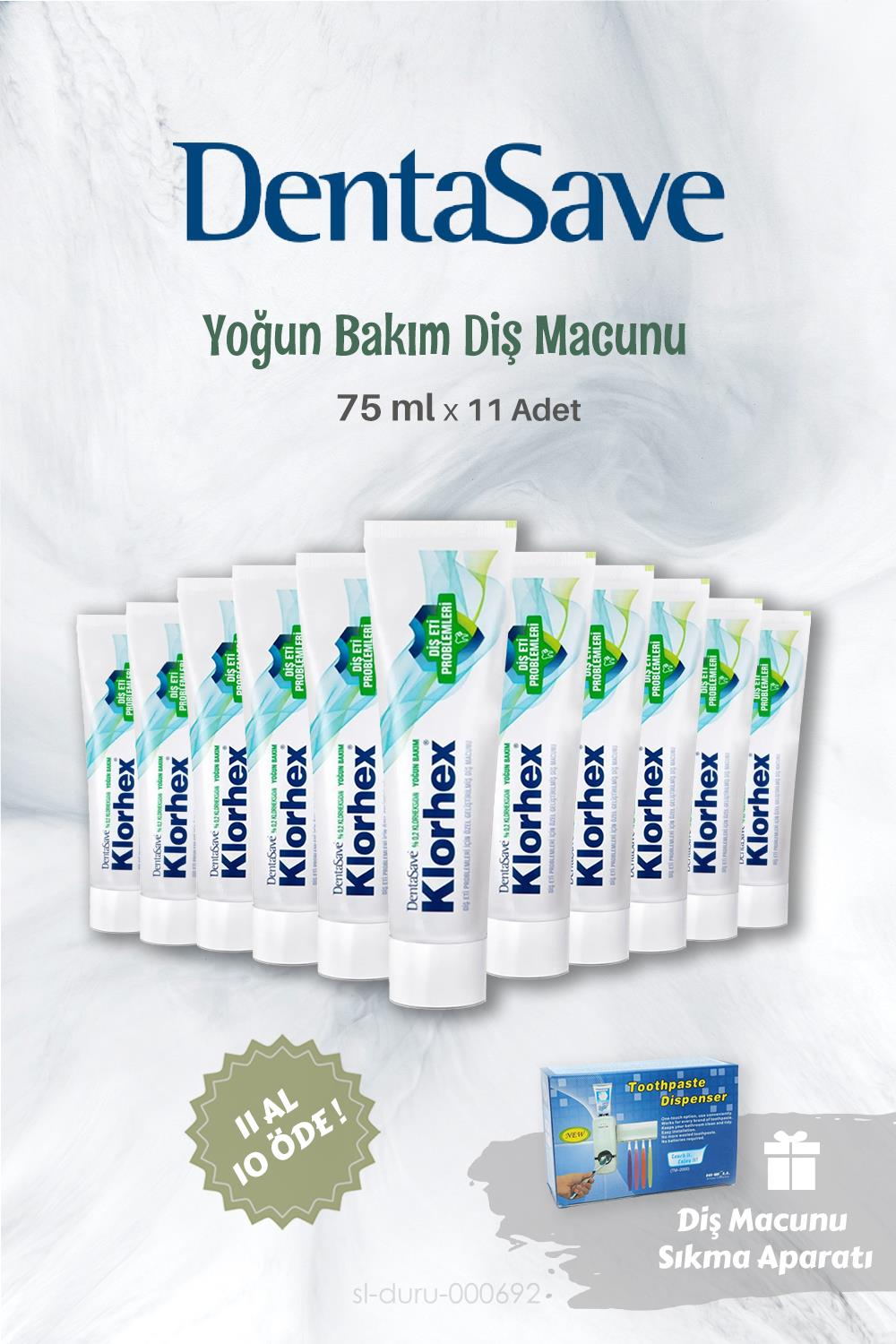 Dentasave Klorhex Diş Macunu 11 AL 10 ÖDE 75 ml ve Diş Macunu Sıkma Aparatı