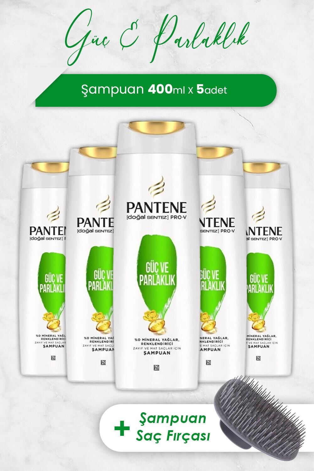 Pantene Pro-V Güç Ve Parlaklık Şampuanı 400 ML x 5 Adet ve Şampuan Fırçası