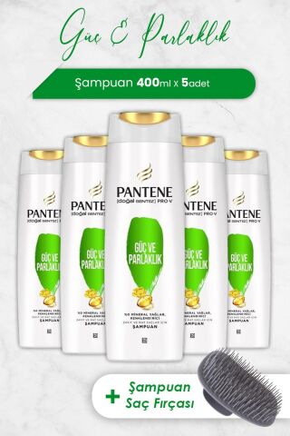 Pantene Pro-V Güç Ve Parlaklık Şampuanı 400 ML x 5 Adet ve Şampuan Fırçası