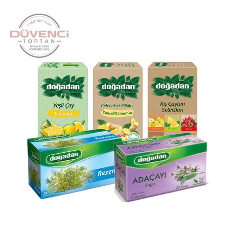 Doğadan Düvenci Toptan Bitki Çayları Paketi 5' li Model 14 ( Kış Çayı, Yeşil Çay, Rezene, Adaçayı, Zencefil Limonlu)