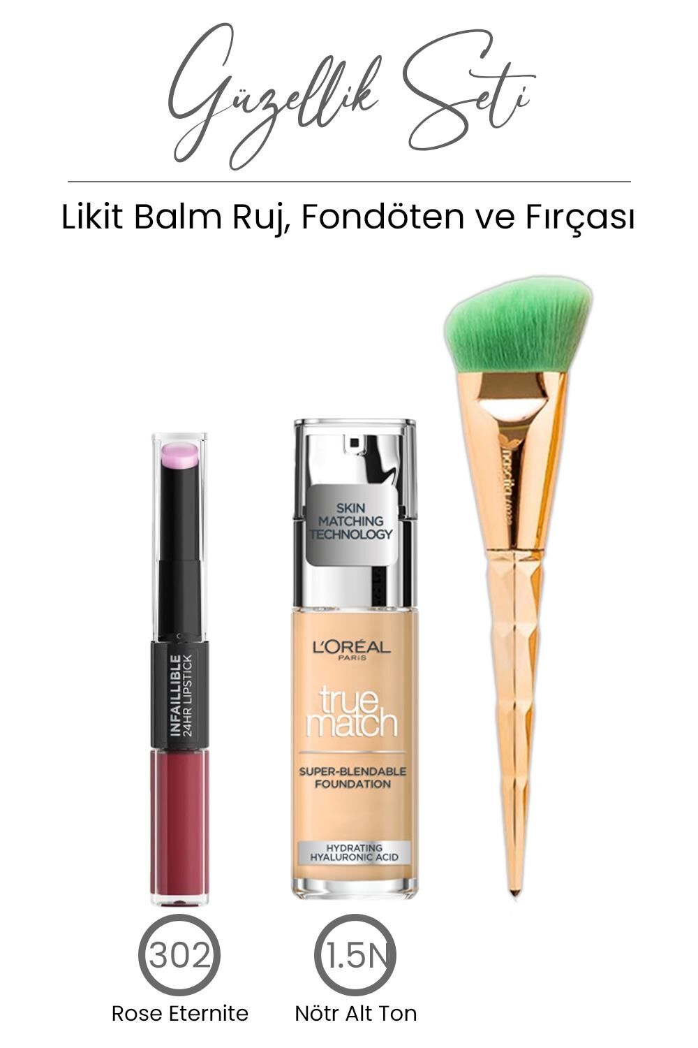 Loreal Paris True Match Fondöten 1.5N, Likit Ruj Balm 302 ve Fondöten Fırçası