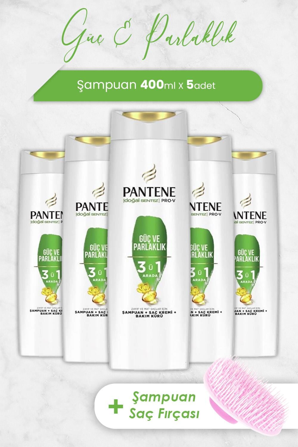 Pantene Pro-V Güç Ve Parlaklık 3'Ü 1 Arada Şampuan 400 ml x 5 Adet ve Şampuan Fırçası