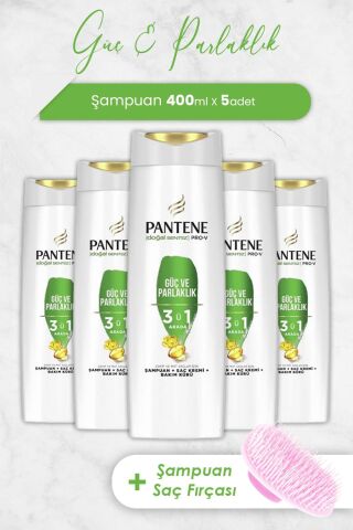 Pantene Pro-V Güç Ve Parlaklık 3'Ü 1 Arada Şampuan 400 ml x 5 Adet ve Şampuan Fırçası