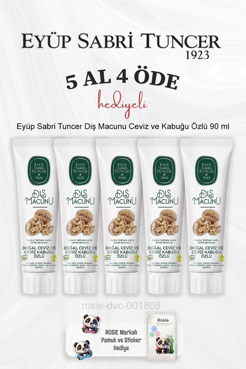Eyüp Sabri Tuncer Diş Macunu Ceviz ve Kabuğu Özlü 90 ml 5 Al 4 Öde ve Rosie Pamuk