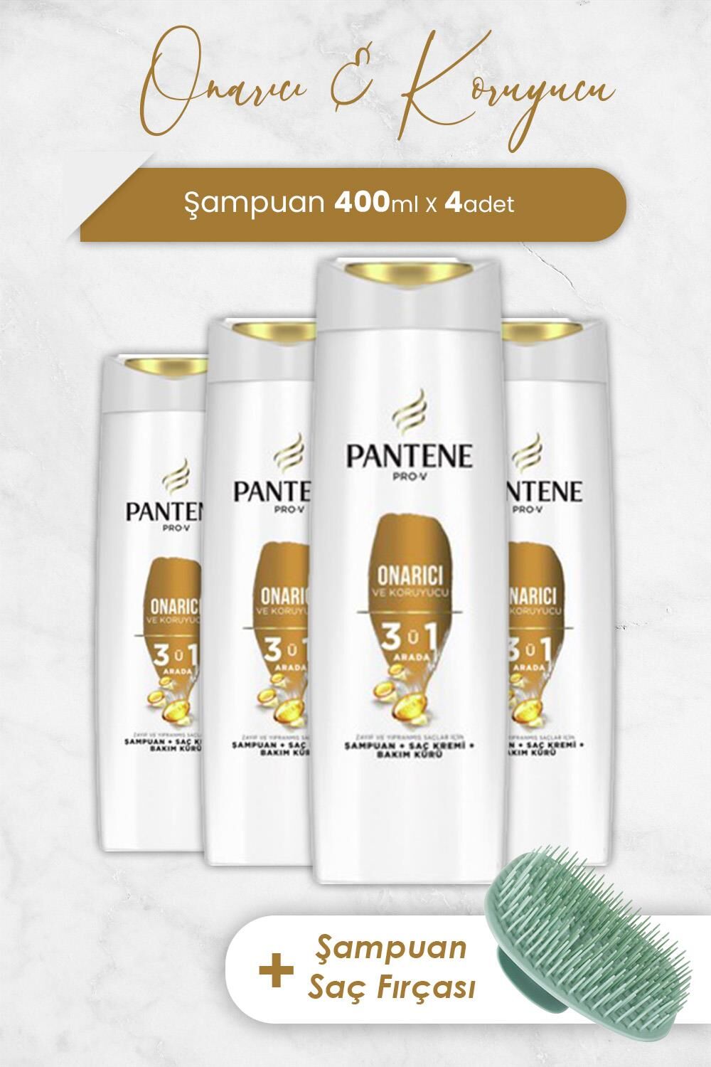 Pantene Pro-V Onarıcı Ve Koruyucu Bakım 3'Ü 1 Arada 400 ml Şampuan x 4 Adet ve Şampuan Fırçası