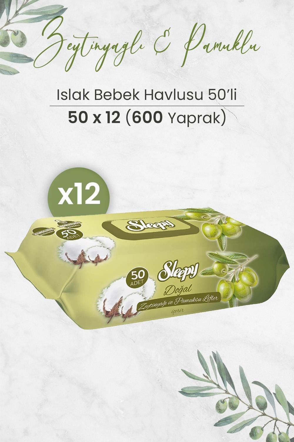 Sleepy Doğal Zeytinyağlı Ve Pamuklu Islak Bebek Havlusu 50 x 12 Adet (600 Yaprak)