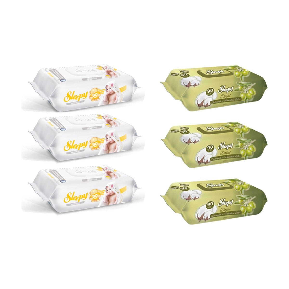 Sleepy Sensitive Islak Havlu 90'lı x 3 Adet + Zeytinyağlı 90'lı x 3 Adet