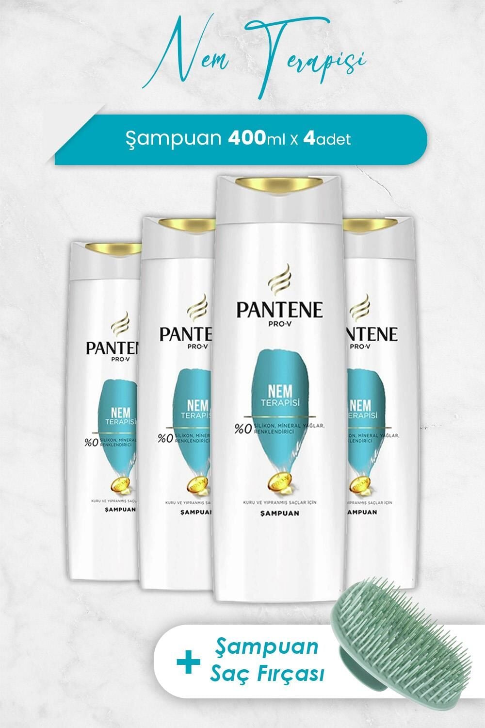 Pantene Pro-V Nem Terapisi 400 ml Şampuan x 4 Adet ve Şampuan Fırçası