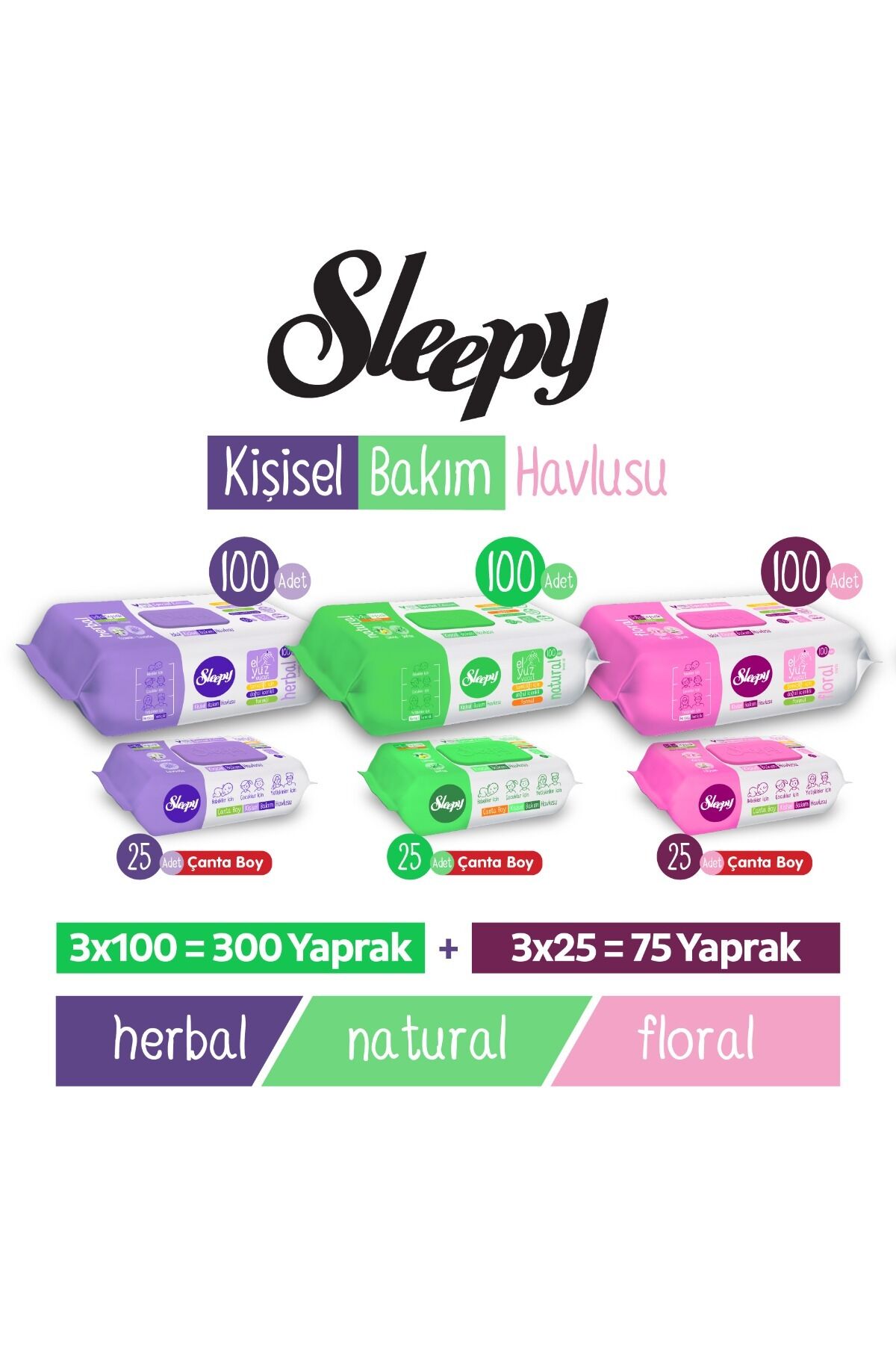 Sleepy Karma Kişisel Bakım Havlusu 3x100 (300 Yaprak) + Karma Çanta Boy 3x25 (75 Yaprak)
