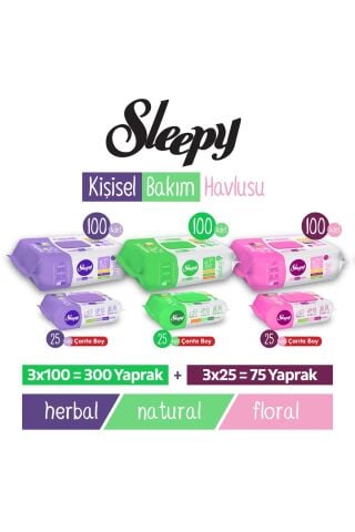 Sleepy Karma Kişisel Bakım Havlusu 3x100 (300 Yaprak) + Karma Çanta Boy 3x25 (75 Yaprak)