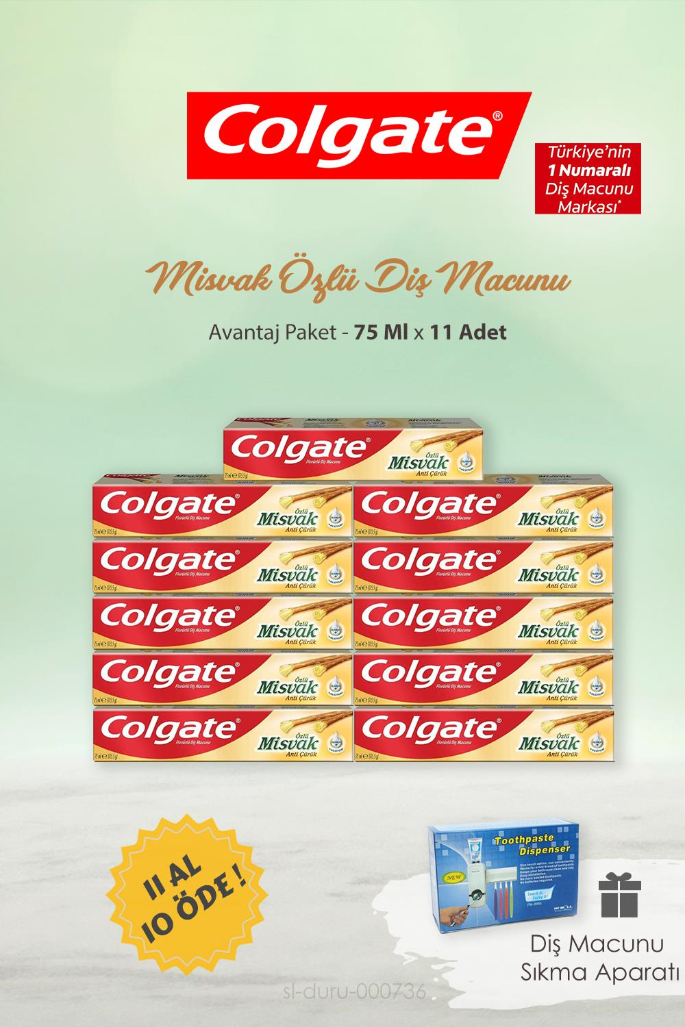 11 AL 10 ÖDE Colgate Misvak Özlü Diş Macunu 75 ml ve Diş Macunu Sıkma Aparatı Hediye