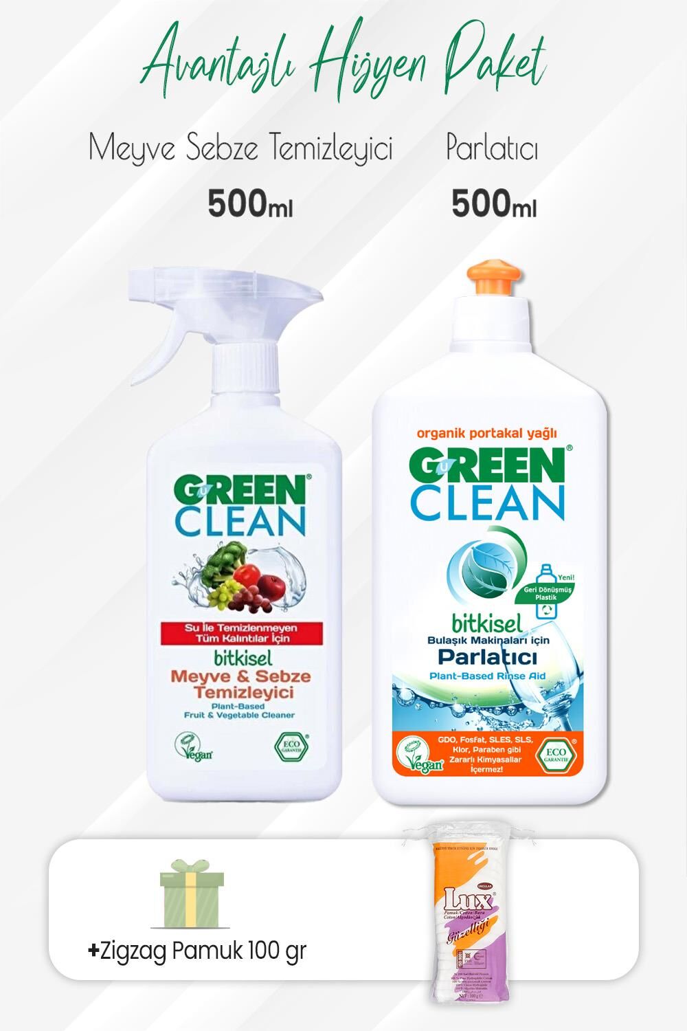 Green Clean Meyve Sebze Temizleyici,Bulaşık Makinesi Parlatıcı 500 ml ve Zigzag Pamuk