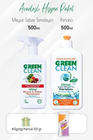 Green Clean Meyve Sebze Temizleyici,Bulaşık Makinesi Parlatıcı 500 ml ve Zigzag Pamuk