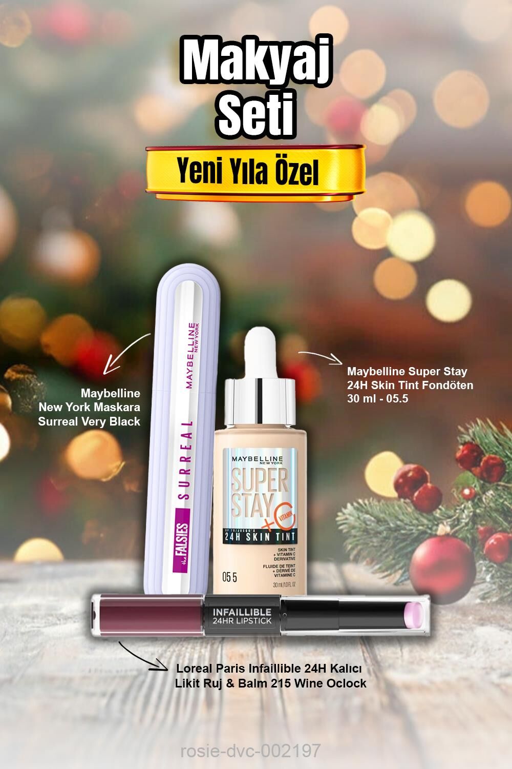 Maybelline Super Stay Fondöten 05.5, Maskara Surreal Very Black, Infaillible Likit Ruj & Balm 215