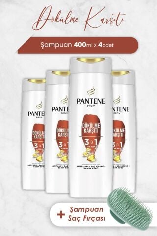 Pantene Pro-V Saç Dökülmelerine Karşı 3' ü 1 Arada Şampuan 400 ML x 4 Adet ve Şampuan Fırçası