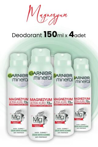 Garnier Magnezyum Ultra Kuru 72H Deodorant Sprey 150 ml x 4 Adet