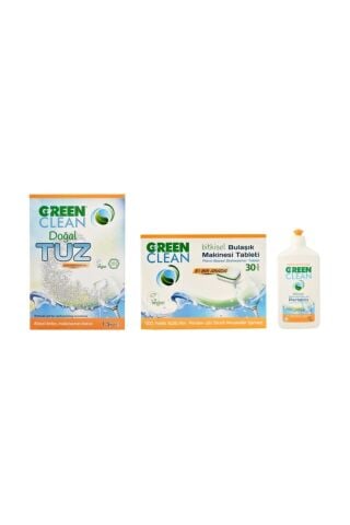 Green Clean Bulaşık Tableti 30'lu, Doğal Tuz 1,5 kg ve Parlatıcı 500 ml