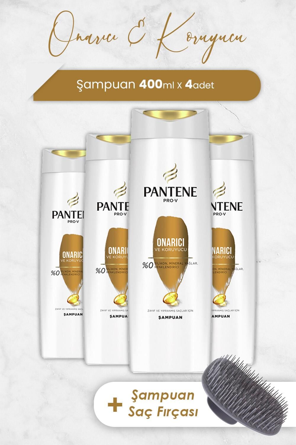 Pantene Pro-V Onarıcı Ve Koruyucu Şampuan 400ml x 4 Adet ve Şampuan Fırçası