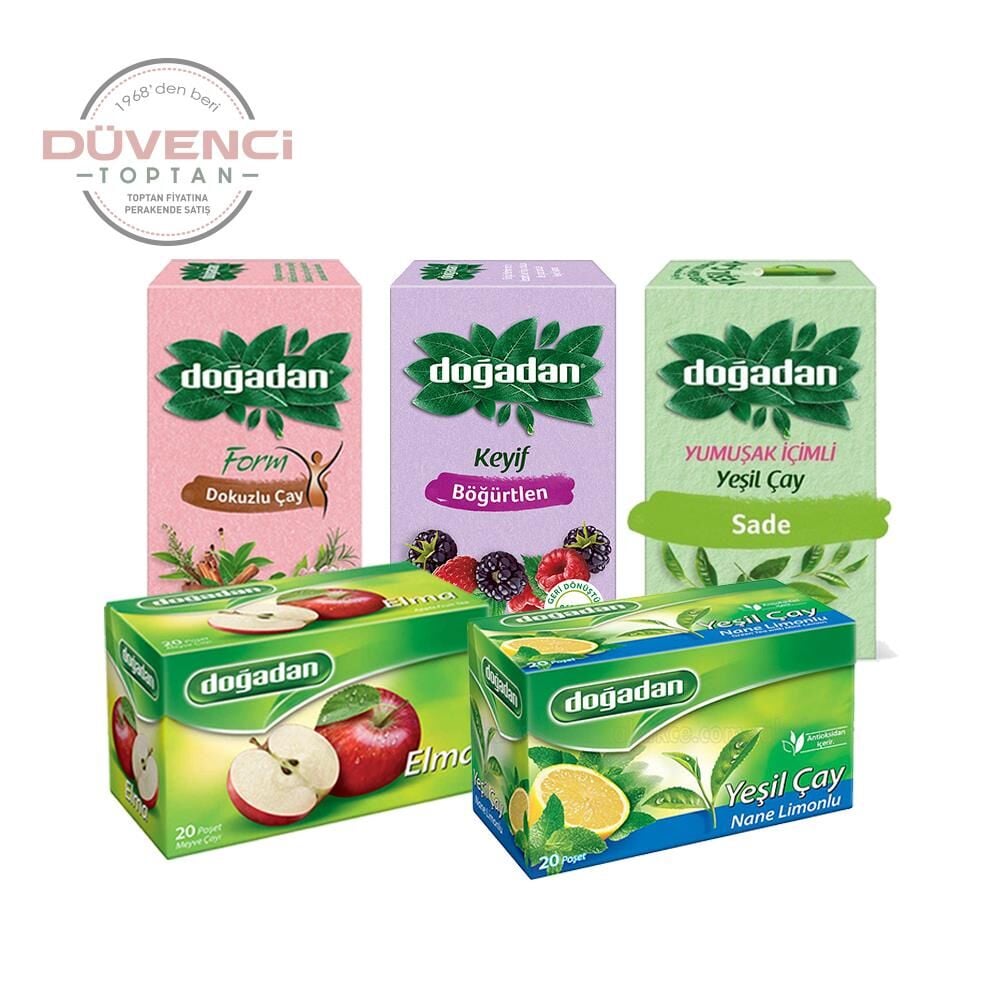 Doğadan Düvenci Toptan Bitki Çayları Paketi 5' li Model 20 (Elma, Dokuzlu Form, Yumuşak Yeşil Çay, Yeşil Çay Nane Limon, Böğürtlen)
