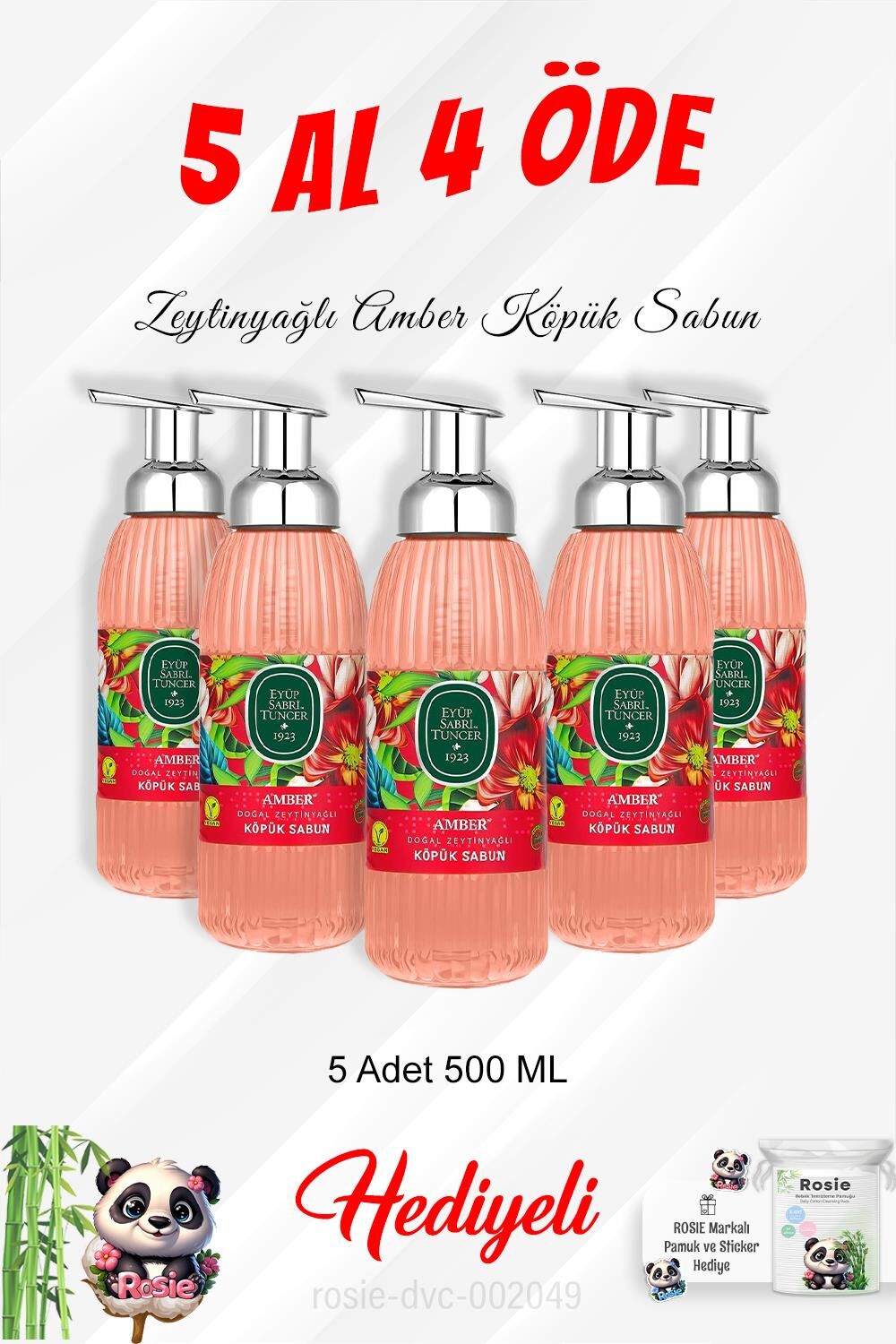 Amber Zeytinyağlı Köpük Sabun 500 ML 5 Al 4 Öde ve Rosie Pamuk