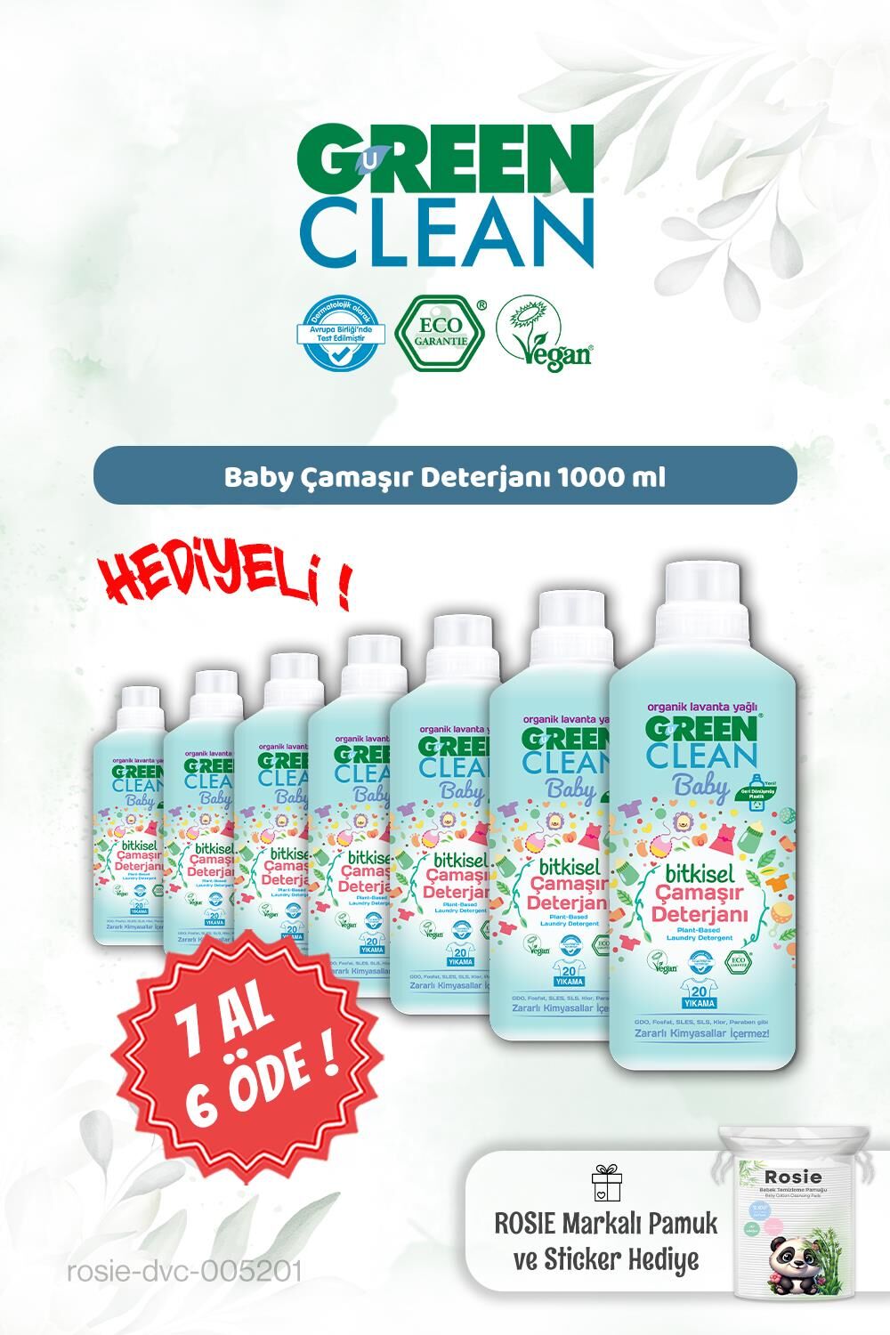 Green Clean 7 AL 6 ÖDE Baby Çamaşır Deterjanı 1000 ml ve Rosie Hediye
