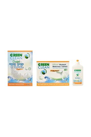 Green Clean  Doğal Tuz 1,5 kg, Bulaşık Tableti 30'lu ve Parlatıcı 500 ml