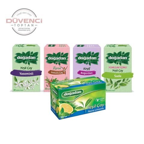Doğadan Düvenci Toptan Bitki Çayları Paketi 5' li Model 21 (Form Dokuzlu, Yumuşak Yeşil Çay, Nane Limonlu Yeşil Çay, Böğürtlenli, Yaseminli Yeşil Çay)