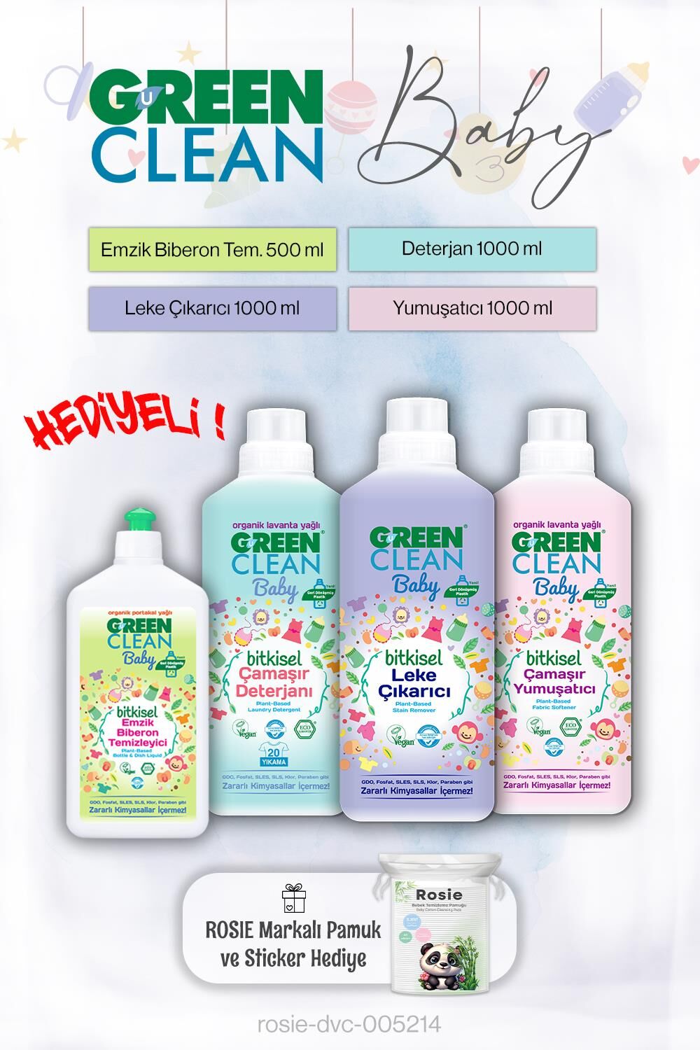 Green Clean Baby 1 L Yumuşatıcı + Deterjan + Leke Çıkarıcı + 500 ml Emzik Tem. ve Rosie Hediye