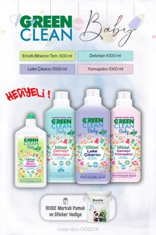 Green Clean Baby 1 L Yumuşatıcı + Deterjan + Leke Çıkarıcı + 500 ml Emzik Tem. ve Rosie Hediye