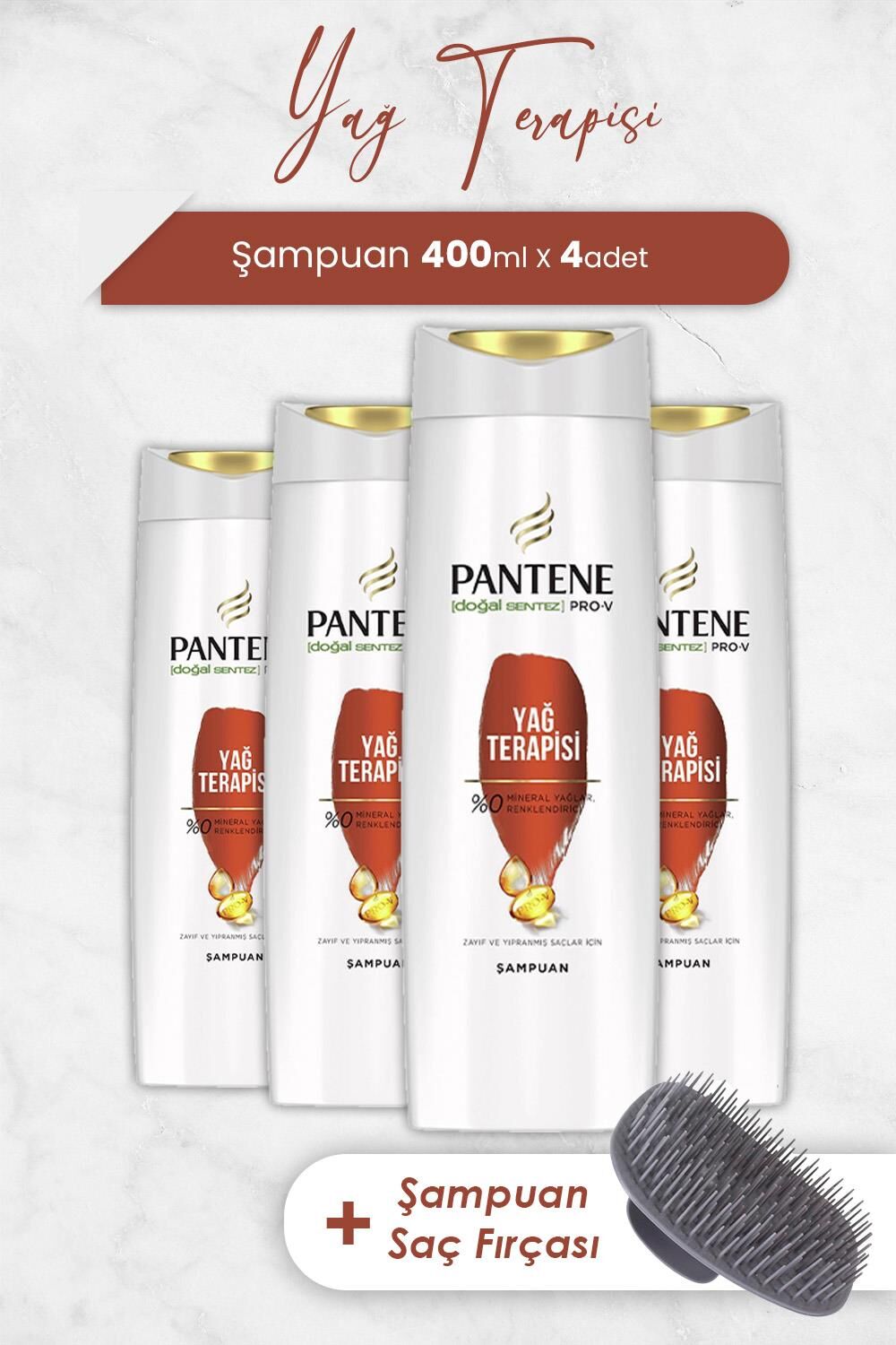 Pantene Pro-V Yağ Terapisi Şampuanı Zayıf Ve Yıpranmış Saçlar 400 ML x 4 Adet ve Şampuan Fırçası