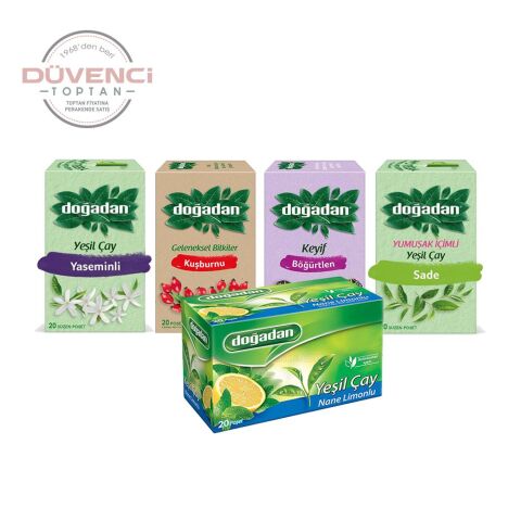 Doğadan Düvenci Toptan Bitki Çayları Paketi 5' li Model 22 (Yumuşak İçimli Yeşil, Nane Limonlu Yeşil, Böğürtlenli, Yaseminli Yeşil, Kuşburnu Çayı)