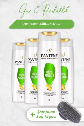 Pantene Pro-V Güç Ve Parlaklık Şampuanı 400 ML x 4 Adet ve Şampuan Fırçası