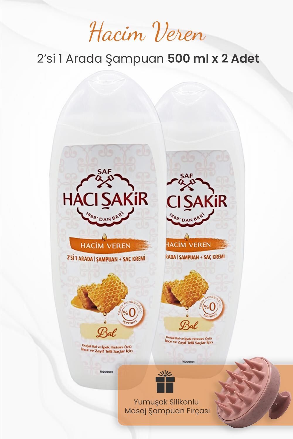 Hacı Şakir Bal 2si 1 Arada Şampuan 500 ml x 2 Adet ve Şampuan Fırçası Pembe