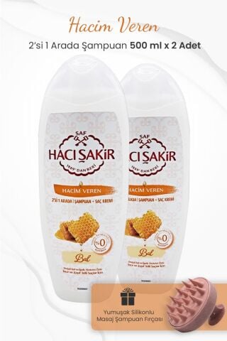 Hacı Şakir Bal 2si 1 Arada Şampuan 500 ml x 2 Adet ve Şampuan Fırçası Pembe
