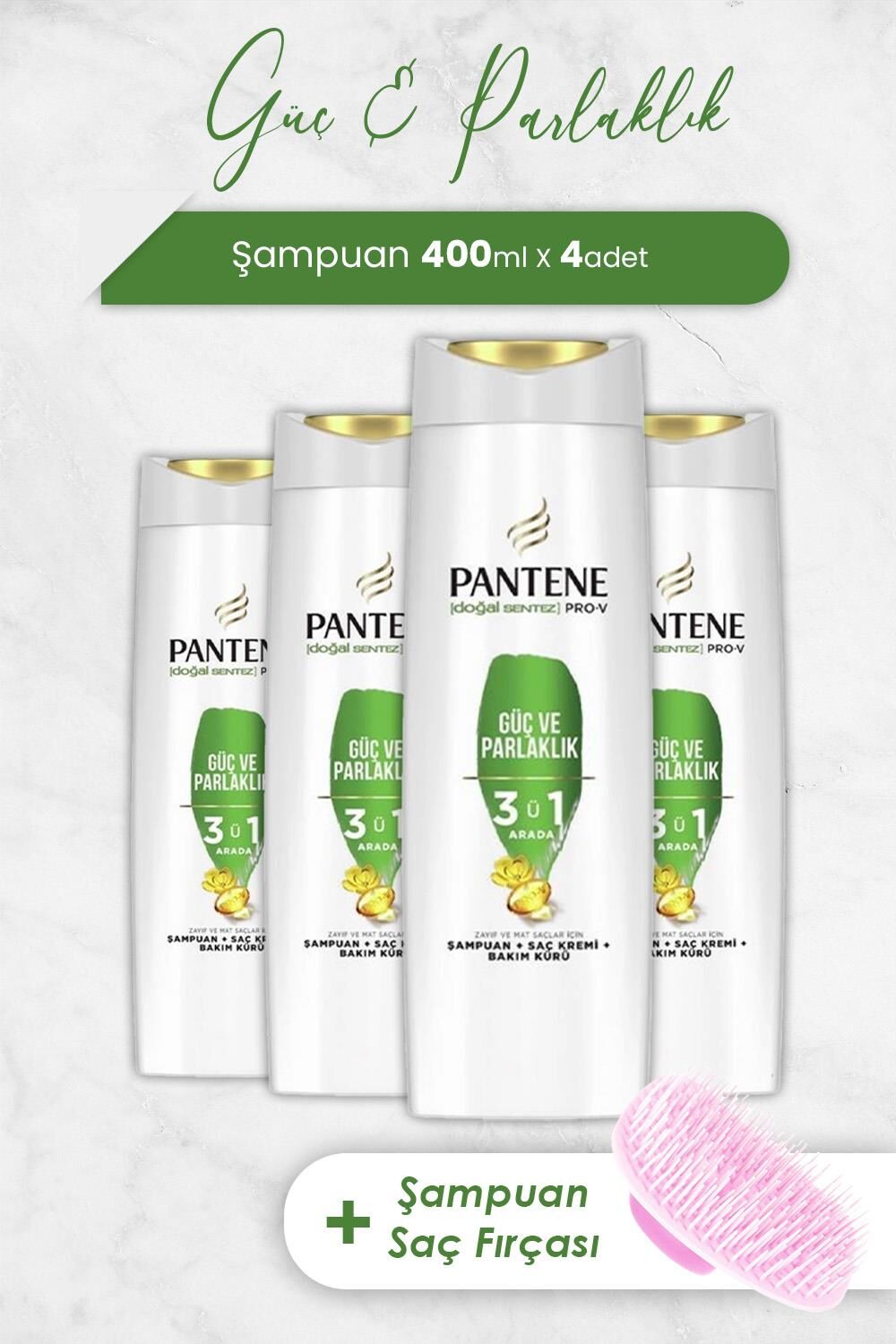 Pantene Pro-V Güç Ve Parlaklık 3'Ü 1 Arada Şampuan 400 ml x 4 Adet ve Şampuan Fırçası