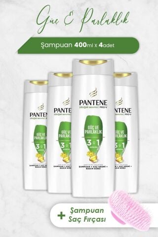 Pantene Pro-V Güç Ve Parlaklık 3'Ü 1 Arada Şampuan 400 ml x 4 Adet ve Şampuan Fırçası