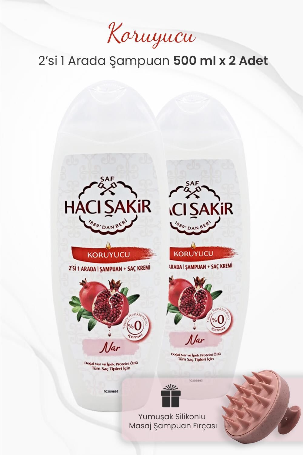 Hacı Şakir Nar 2si 1 Arada Şampuan Koruyucu 500 ml x 2 Adet ve Şampuan Fırçası Pembe