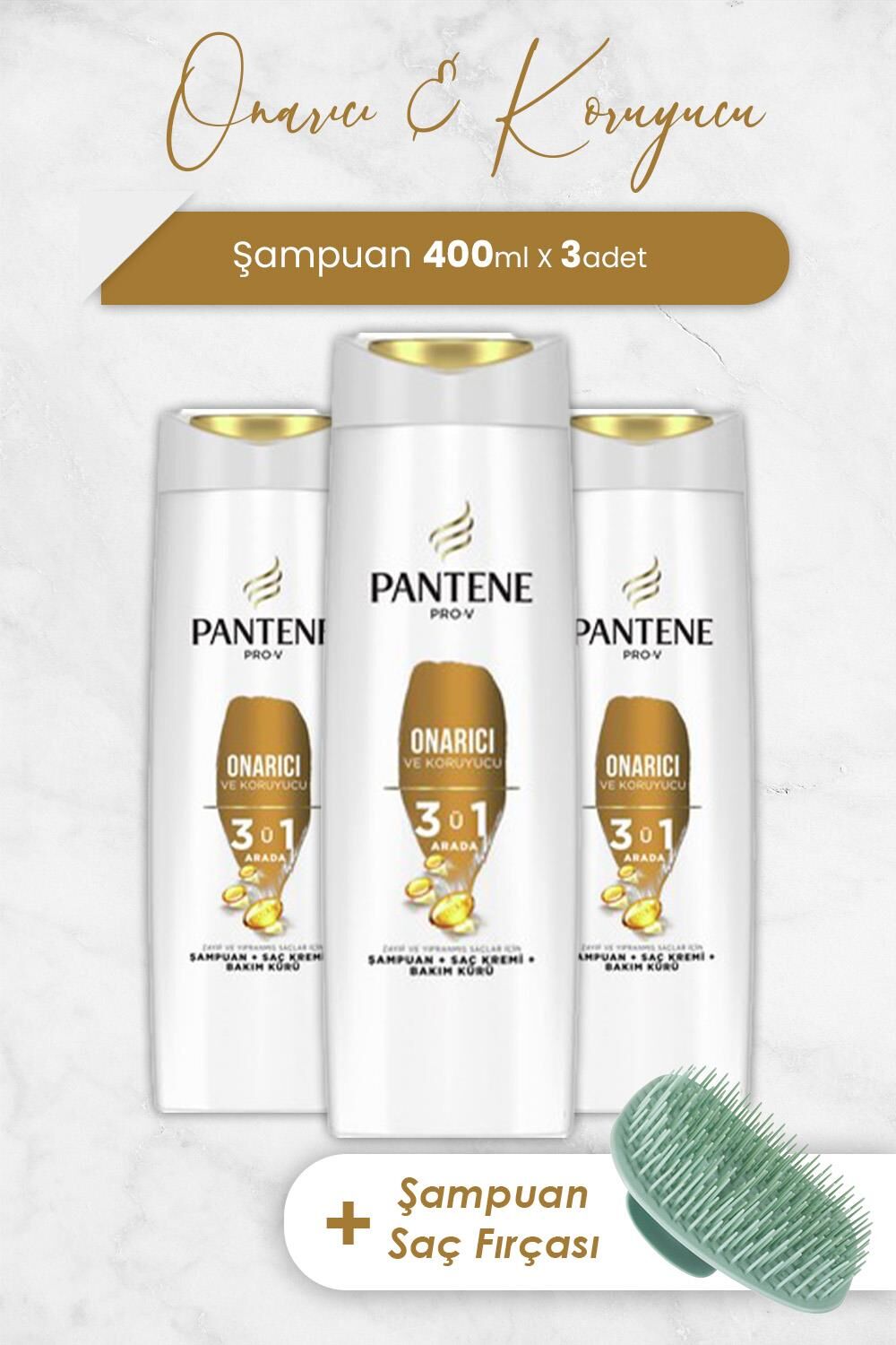 Pantene Pro-V Onarıcı Ve Koruyucu Bakım 3'Ü 1 Arada 400 ml Şampuan x 3 Adet ve Şampuan Fırçası