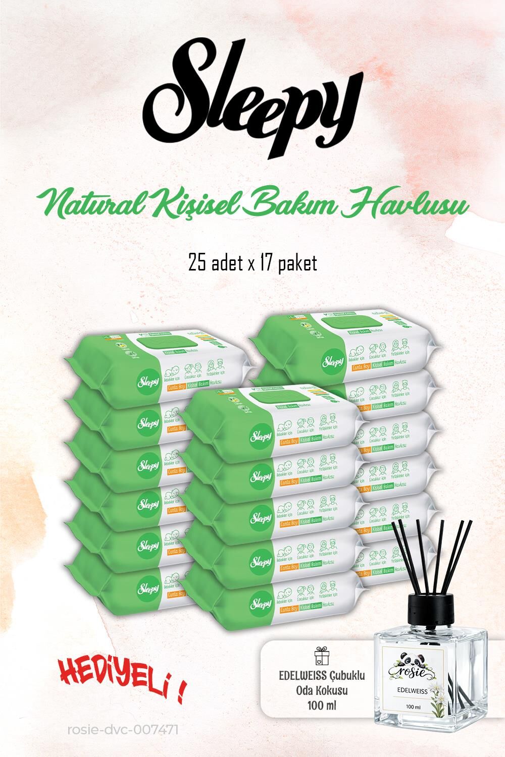 Sleepy 17 Paket Kişisel Bakım Havlusu, Natural 25'li ve ROSIE Koku