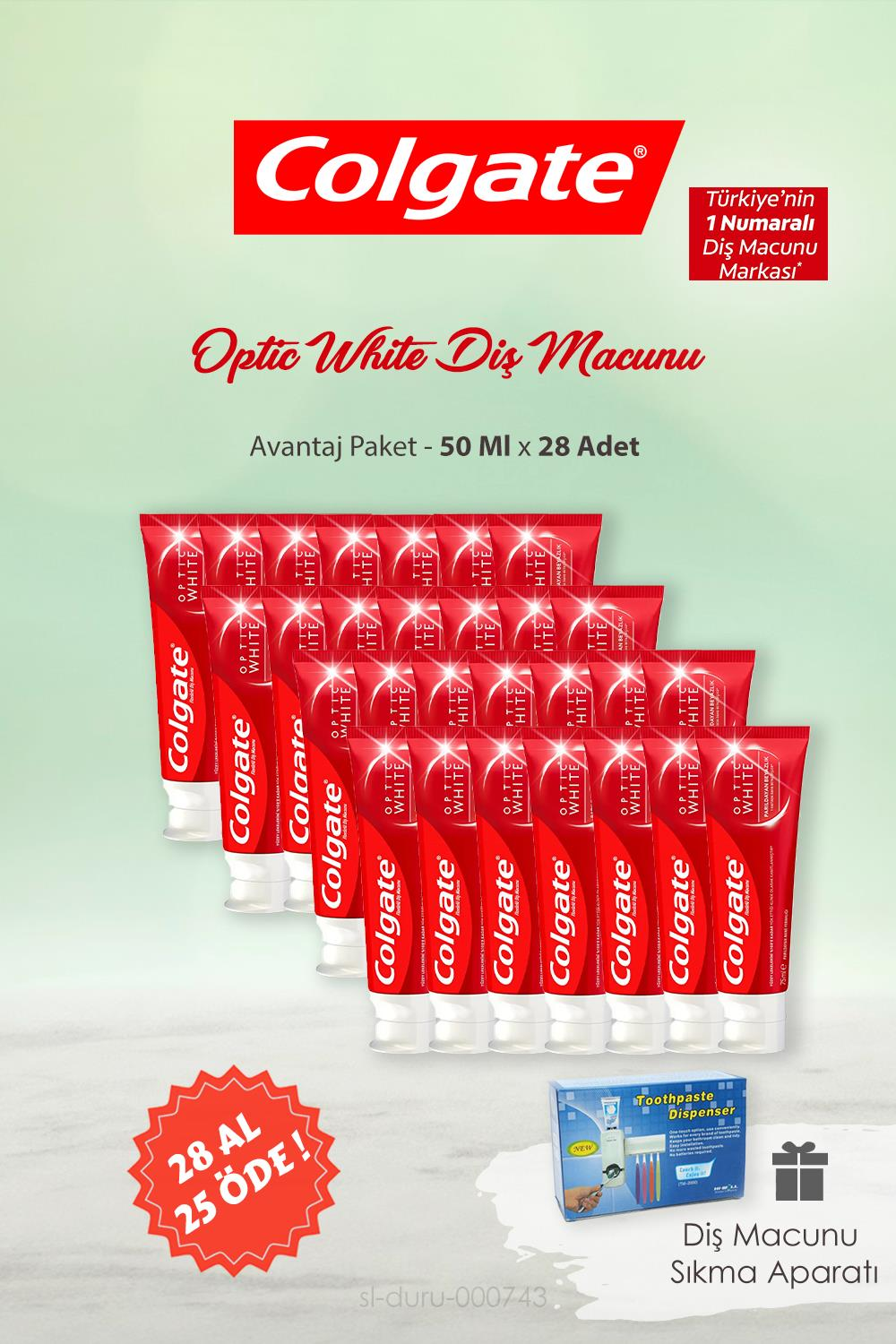 28 AL 25 ÖDE Colgate Optic White 50 ml ve Pratik Diş Macunu Sıkma Aparatı