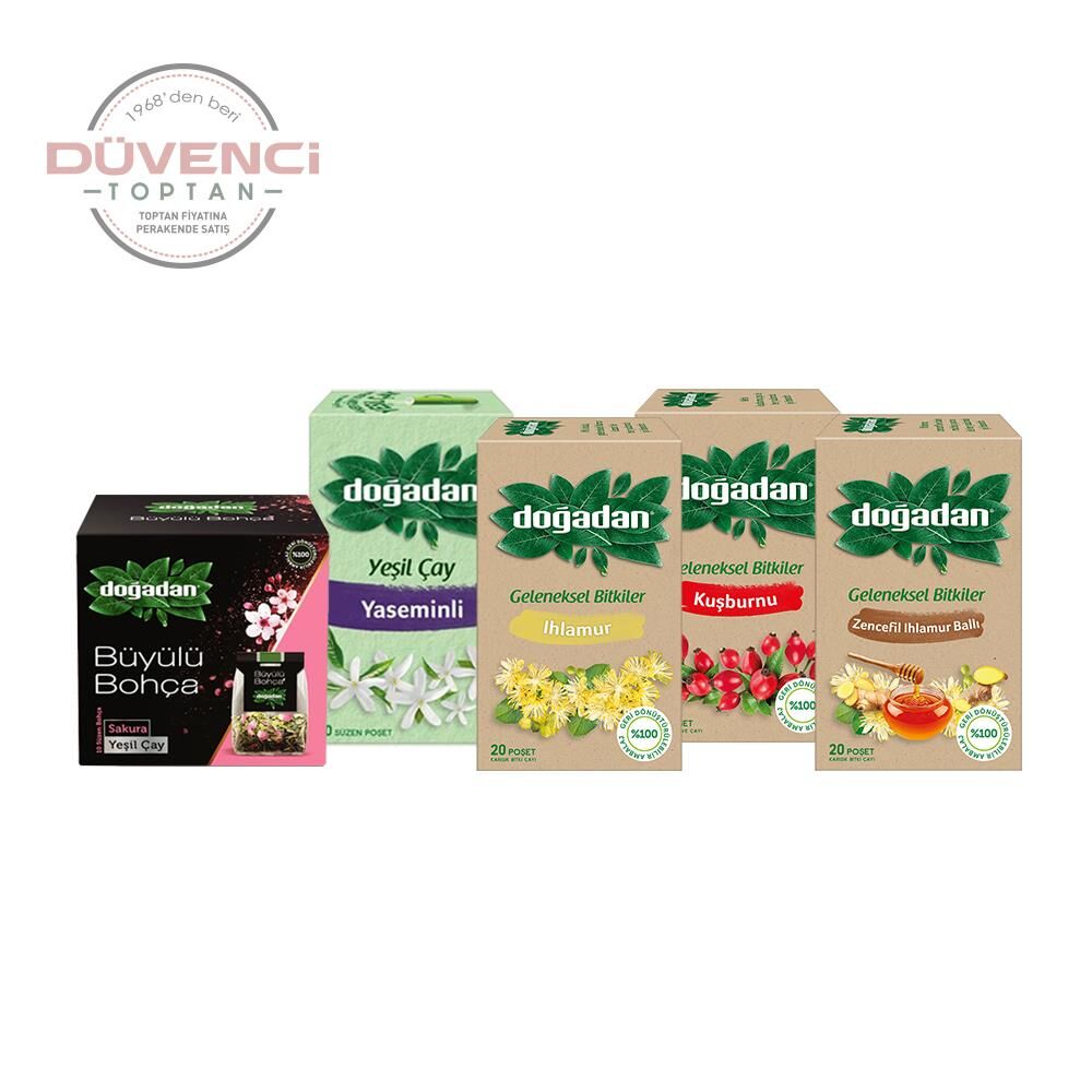 Doğadan Düvenci Toptan Bitki Çayları Paketi 5' li Model 25 ( Sakura Yeşil, Yaseminli Yeşil, Kuşburnu, Zencefil Ihlamur, Ihlamur Çay)
