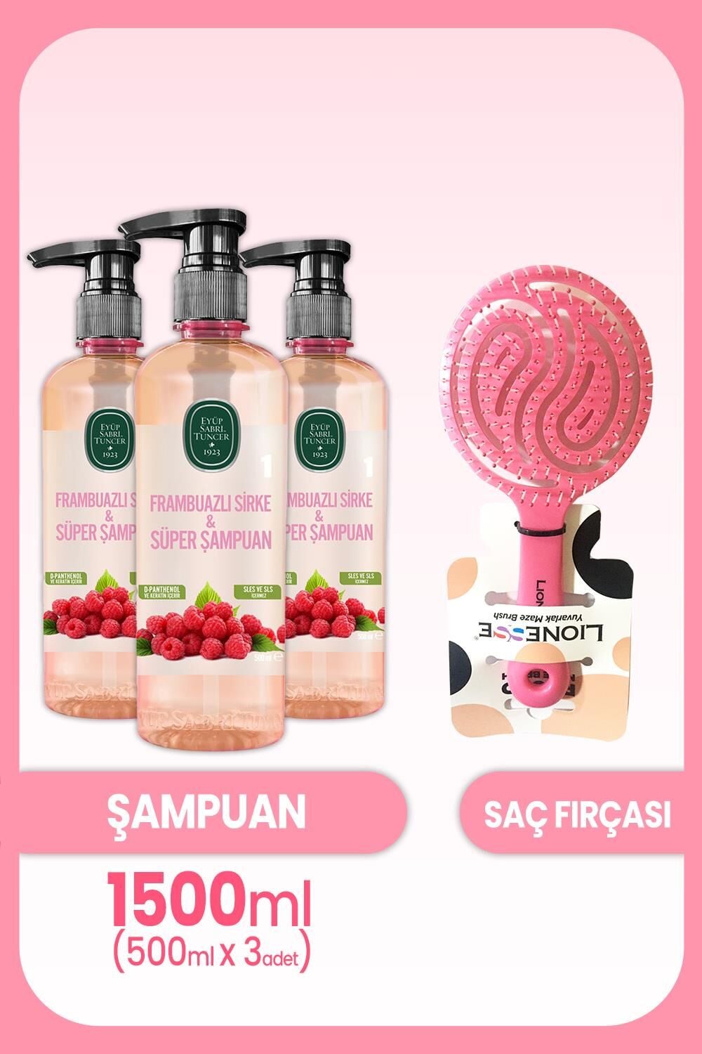 Eyüp Sabri Tuncer Frambuazlı Sirke & Şampuan 500 ml x 3 Adet ve Saç Fırçası