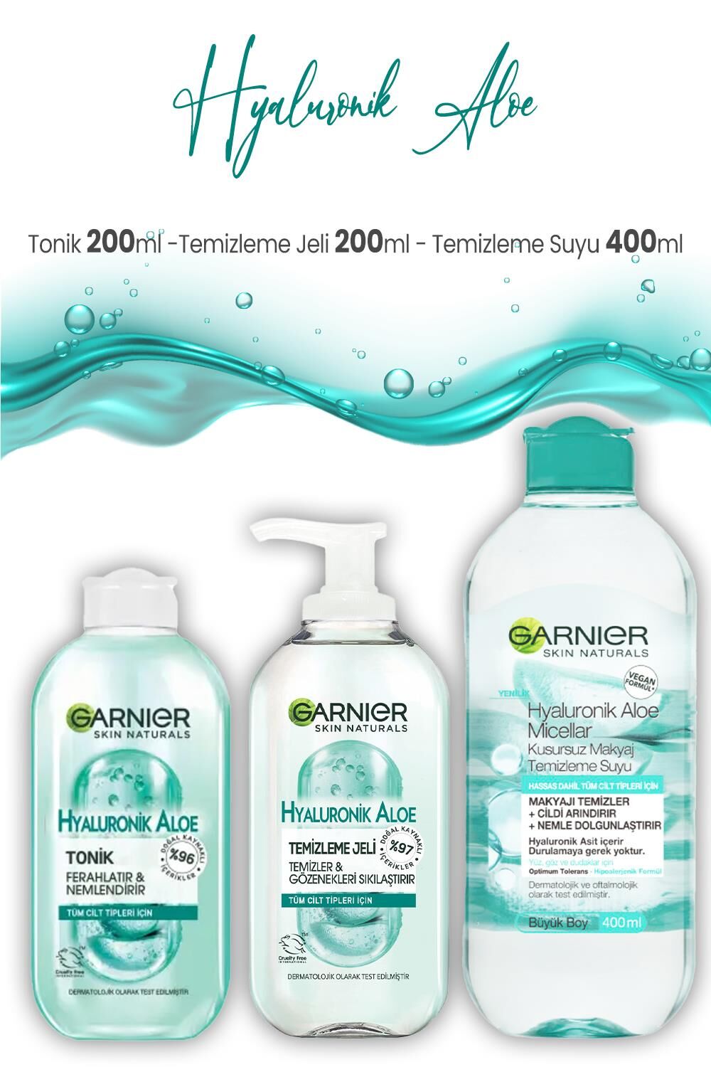Garnier Hyaluronik Aloe Tonik 200 ml, Temizleme Jeli 200 ml ve Suyu 400 ml