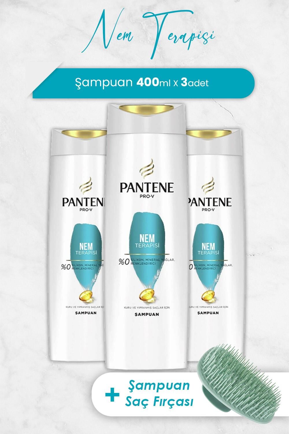 Pantene Pro-V Nem Terapisi 400 ml Şampuan x 3 Adet ve Şampuan Fırçası