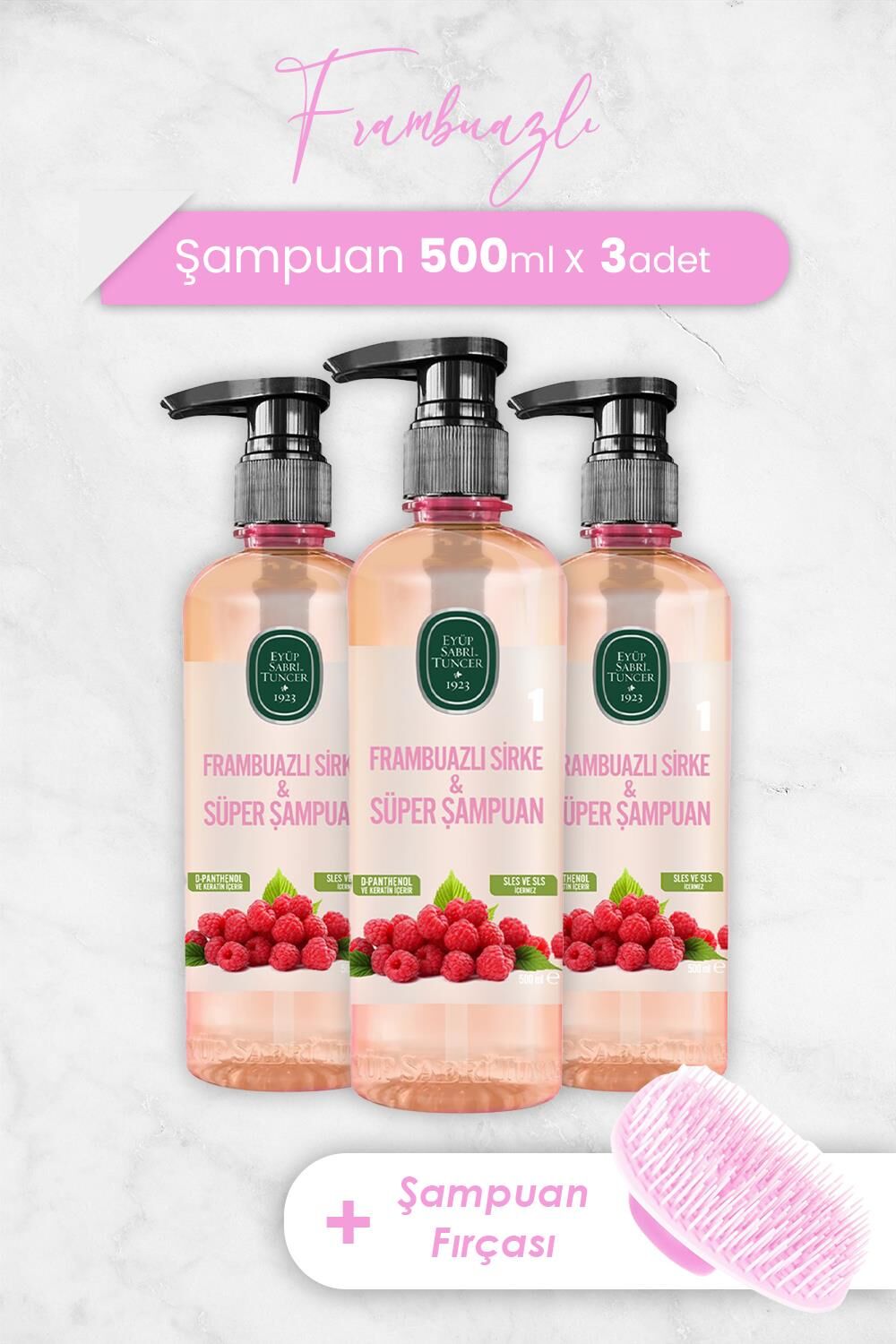 Eyüp Sabri Tuncer Frambuazlı Sirke & Süper Şampuan 500 ml x 3 Adet ve Şampuan Fırçası
