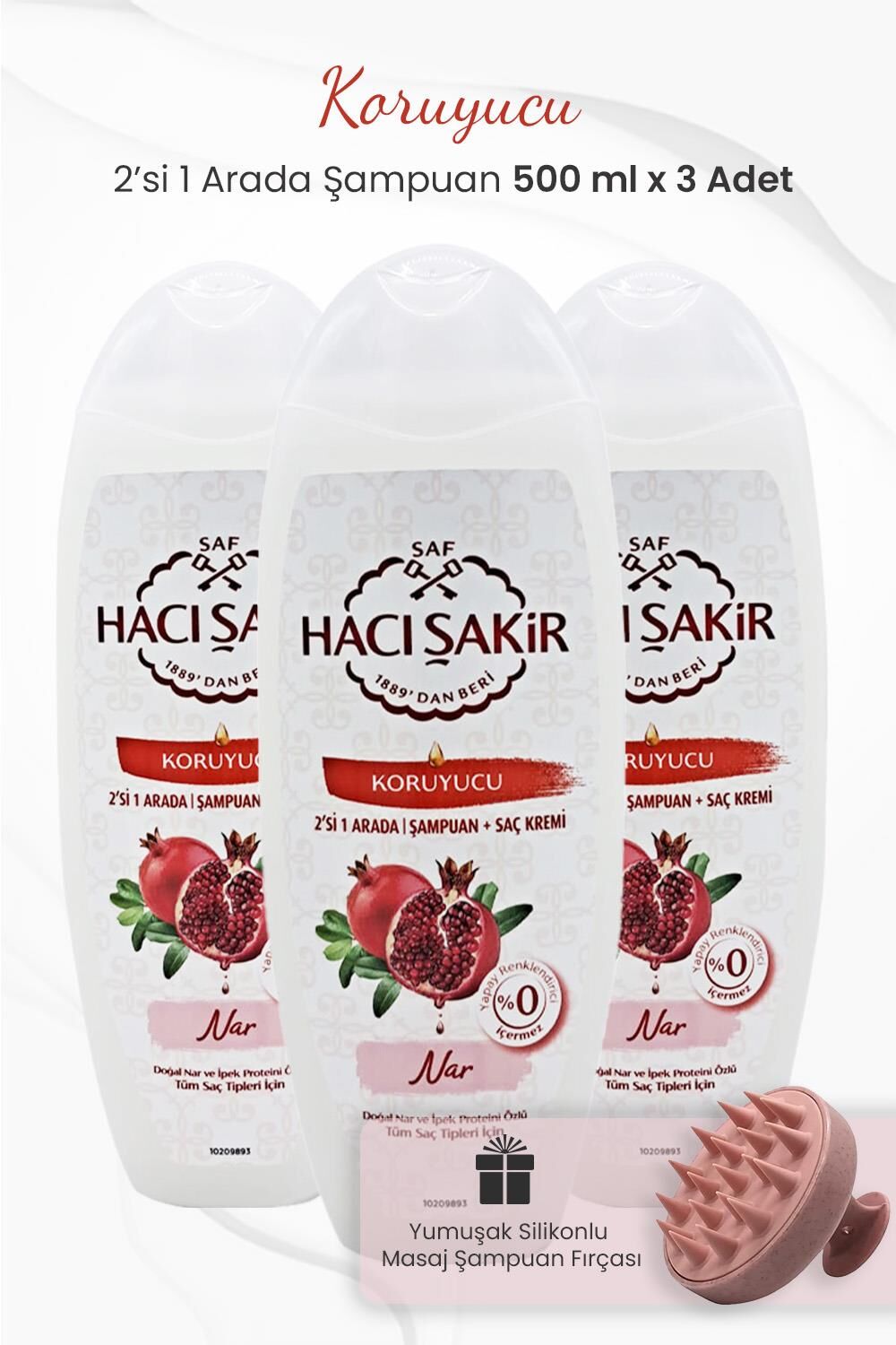 Hacı Şakir Nar 2si 1 Arada Şampuan Koruyucu 500 ml x 3 Adet ve Şampuan Fırçası Pembe